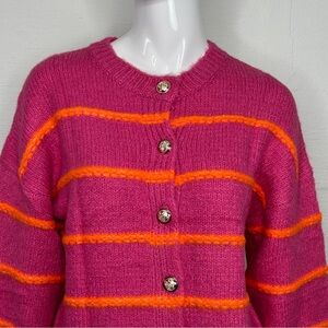 Oversized Cardigan Sweater Pink and Orange Striped Women's XS Qibabu NEW
